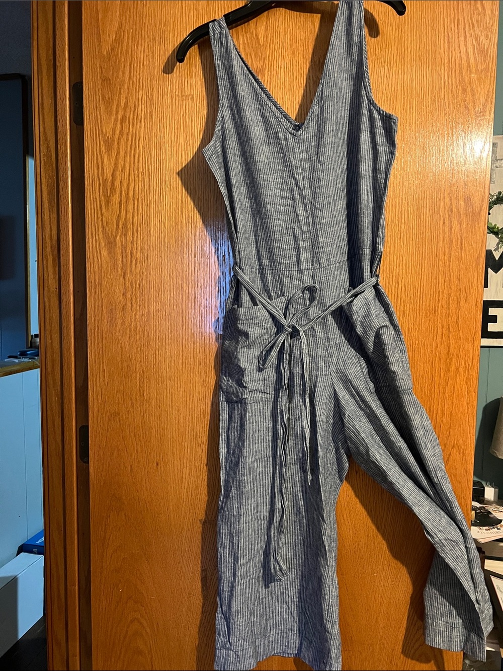 beachlunchlounge Blue Striped V-Neck Sleeveless Jumpsuit with Tie Waist
